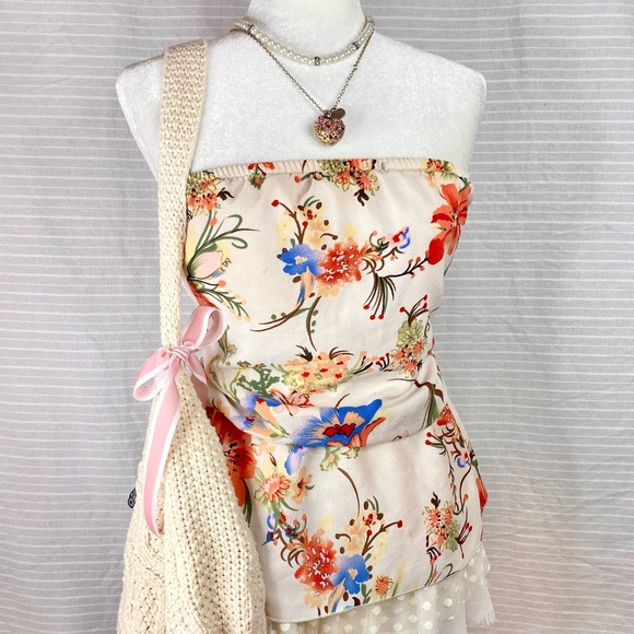 ♡ tropical floral print ruffle tube top blouse ♡ - Picture 1 of 4